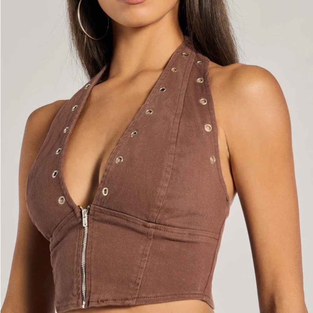Brown Grommet Halter Top with Zipper